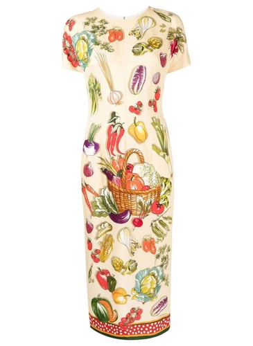 NWT Dolce & Gabbana Vegetable Floral Midi Dress Silk Painterly Ivory Beige IT 36