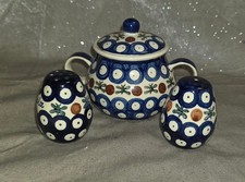 3 tlg. BUNZLAUER Keramik Polen Salzstreuer Pfefferstreuer Deckeldose Zuckertopf