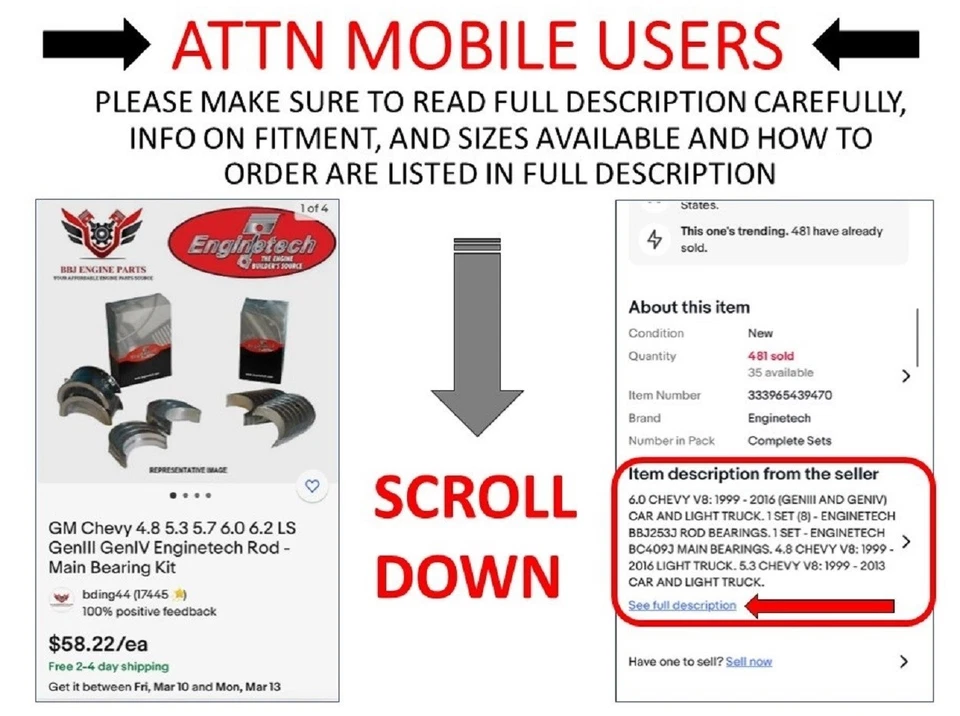 Chevrolet 4.8 5.3 LM7 LY5 99 - 14 anéis de pistão Enginetech - haste - rolamentos principais - Imagem 2 de 4