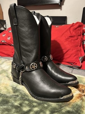 Men's Black Leather Western Boots Star Harness Metal Toe Square 11.5W