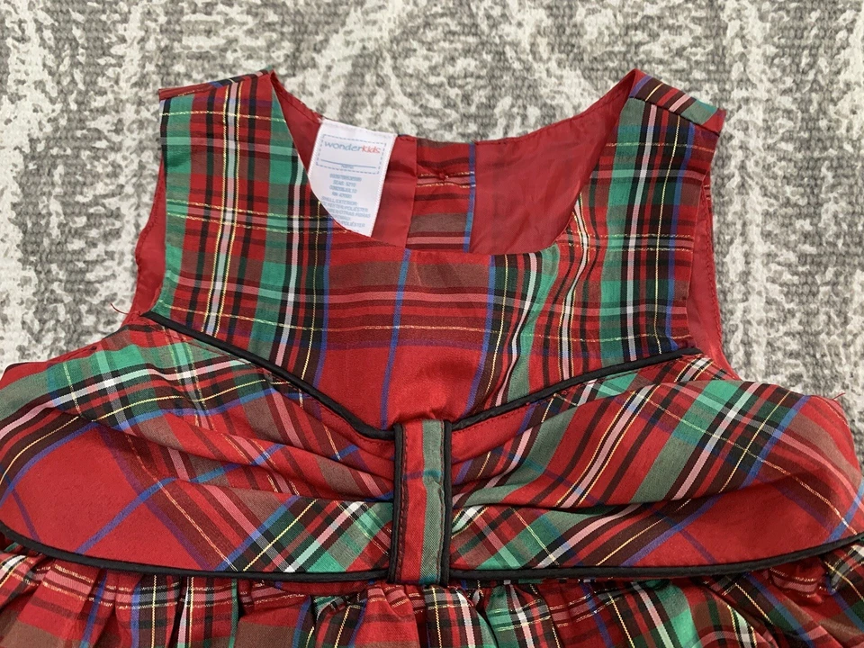 Vestido de Navidad a Cuadros Rojo para Niñas Wonder Forrado con Tafetán Dorado 18 Meses Foto 2 de 4