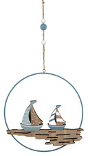 Maritime Wanddeko Holz Segelboote Metallring 20 x 35cm Hängedeko Boot