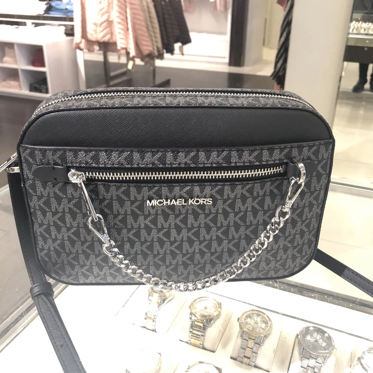 MICHAEL KORS JET SET ITEM EAST WEST CHAIN CROSSBODY BAG MK Black/Silver