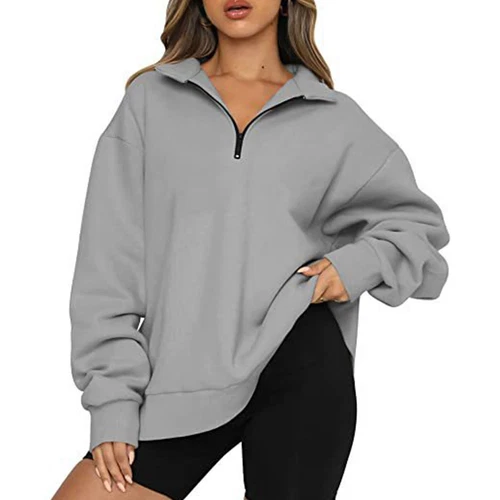 Womens Oversized Half Zip Pullover Long Sleeve Sweatshirt Hoodie Sweater Blouse - Picture 41 of 75