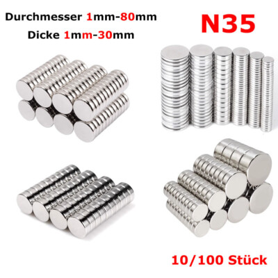 Superstarke runde Scheibenmagnete Seltene Erden NdFeB Magnet N35 Dia 1mm - 80mm