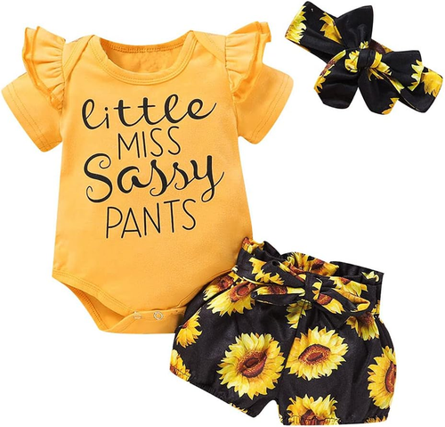 Newborn Baby Girl Cotton Ruffled Short Sleeve Bodysuit Tops + Floral Shorts Baby