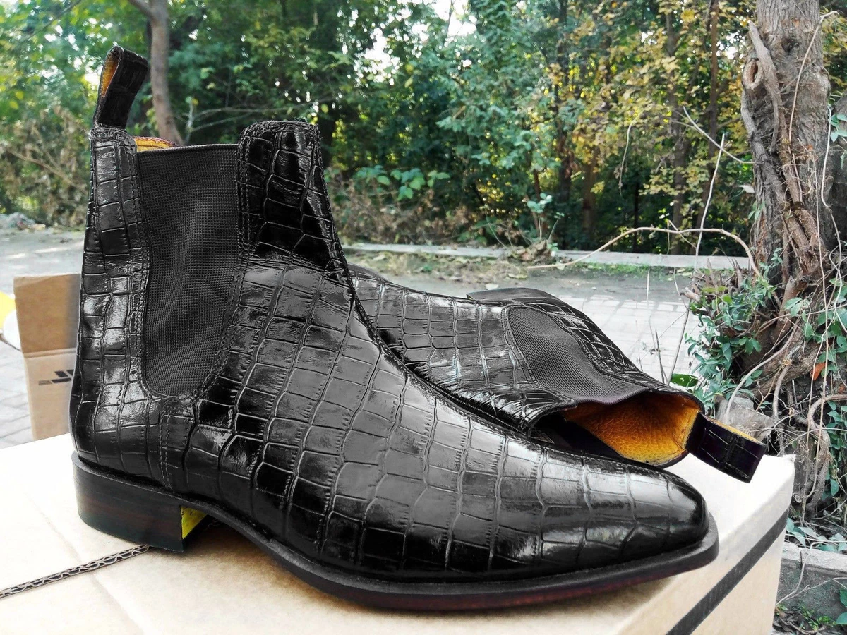 Alligator Chelsea Boots, Black Crocodile Chelsea Boot, Handmade Leather  Boots