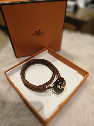 HERMÈS bracciale hermes pelle e argento vintage con scatola