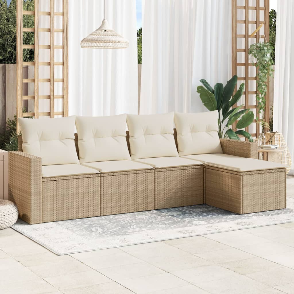 5 Piece Patio Sofa Set with Cushions Beige Poly Rattan