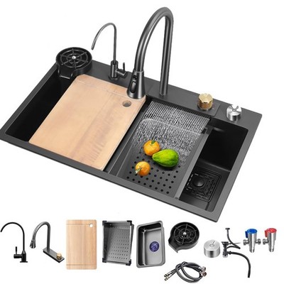 Black Single Bowl Kitchen Sink, Stainless Steel Waterfall Sink, Bar Sink with...