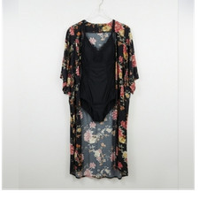 Women s Floral Kimono Swim Cover-Up Sheer Boho Festival Maxi Black/Multicolor M