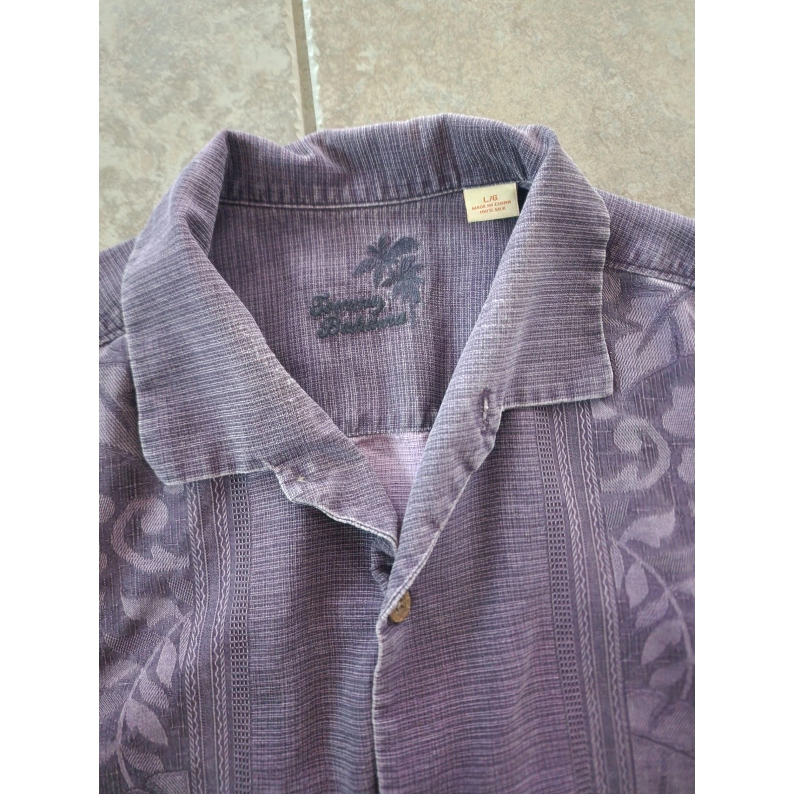 Tommy Bahama Mens Large Purple Silk Floral Pineapple Embroidered Camp Shirt L