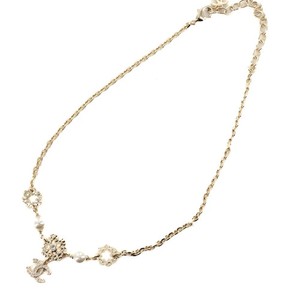 Authentic CHANEL FLOWER MOTIF NECKLACE COCO MARK FAUX PEARL RHINESTONE GOLD PLATED I25C