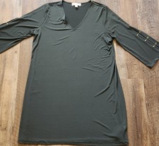 Michael Kors XL Olive Green Shift Dress V-Neck Bell Sleeve Chain Trim Stretch