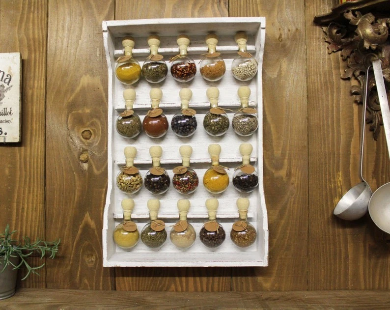 Wooden spice rack (white patina) - Vintage style kitchen storage - with 20 glass