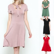 Women's Short Sleeve Bow Tie Neck Front Short Dress S M L