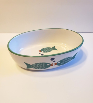 PetRageous Oval Stoneware Cat Bowl Fishes Design White Green/Blue Pet Dish