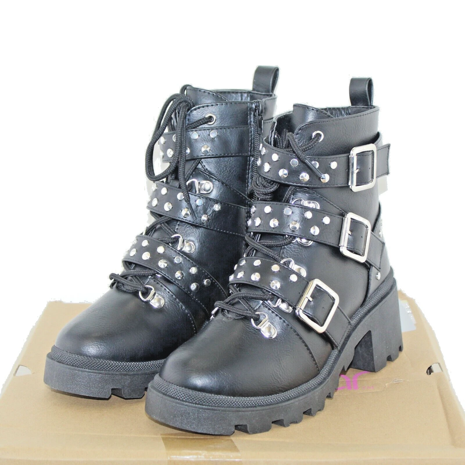 SUGAR womens FLAIR biker boots shoe size 6.5 M black faux leather studded up NEW