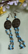 TURQUOISE GLASS BEAD LONG DANGLE EARRINGS - NEW