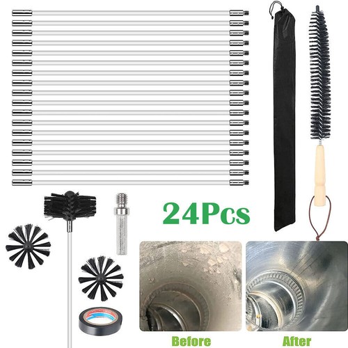 24Pc Flexible Chimney Sweep Set Flue Sweeping Brush Rod Kits Soot
