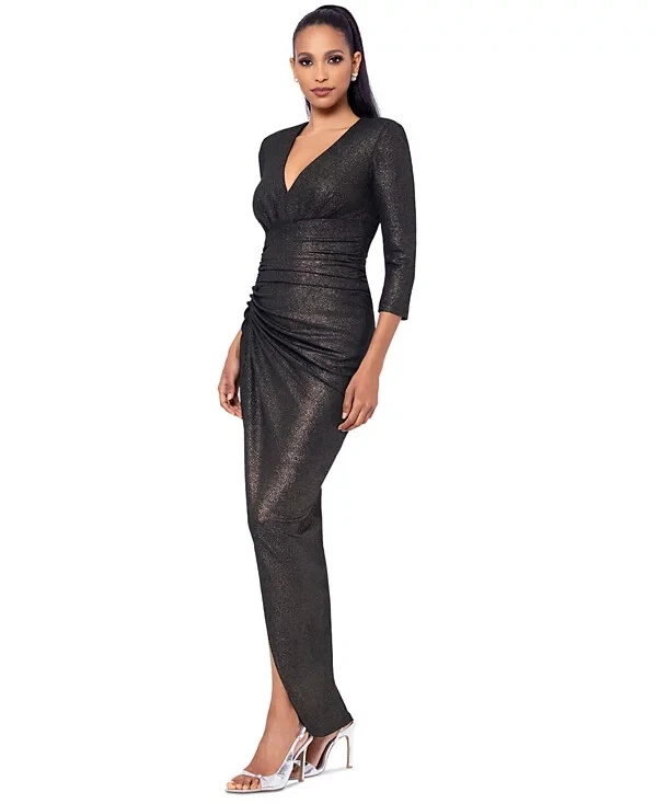 knee length dresses for ladies Gold Beaded Georgette Long Sleeve Fitted Midi Dress main image 1