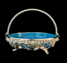 Antique Victorian Ornate Silver Plated & Vaseline Glass Candy Dish /Basket
