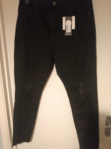 Boohoo High Waist Frayed Hem Distressed Skinny Jeans Size 14 Black