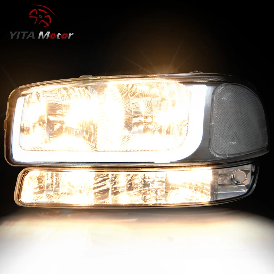 DRL LED Chrome Clear Headlights+Bumper Lamps For 1999-2006 GMC Sierra 1500 2500 - Image 3 of 4