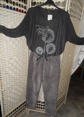 Italy Moda LONGTUNIKA KuschelPulli*ANTRAZIT*Lagenlook*PUSTEBLUME+STRASS*Gr.44/46