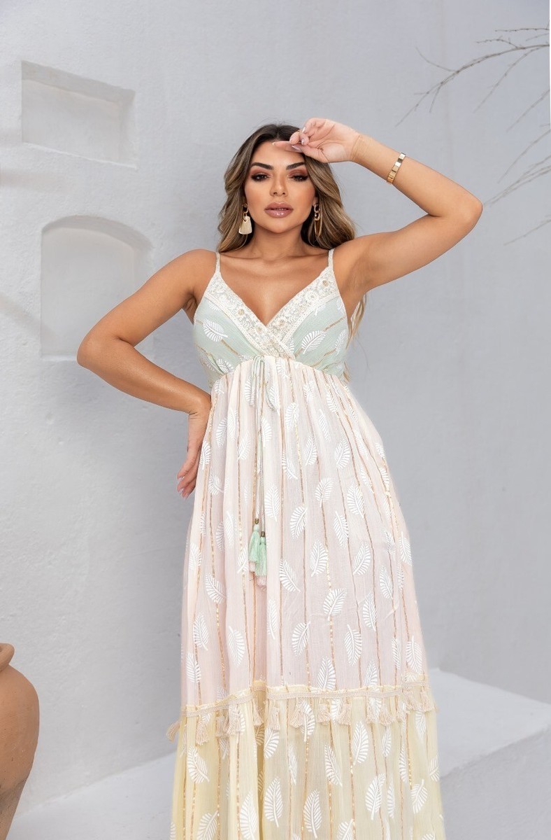 light green boho dress Women's Long Boho-Style with Short Sleeves in and Yellow neckline that beautifully frames