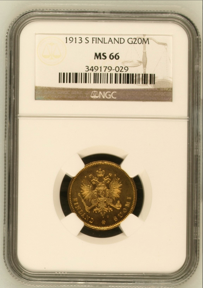 💎 High Grade! 1913 Finland (Suomi) S Gold 20 Markkaa Coin NGC