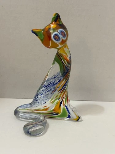 Vintage Murano Italy Art Glass Cat Figurine 4” Multi-Colored Figure