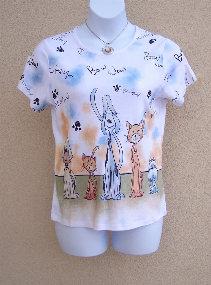 Cactus NEW Dog & Cat artsy top tee shirt sz L iridescent stud cotton blouse USA - Image 3 of 4