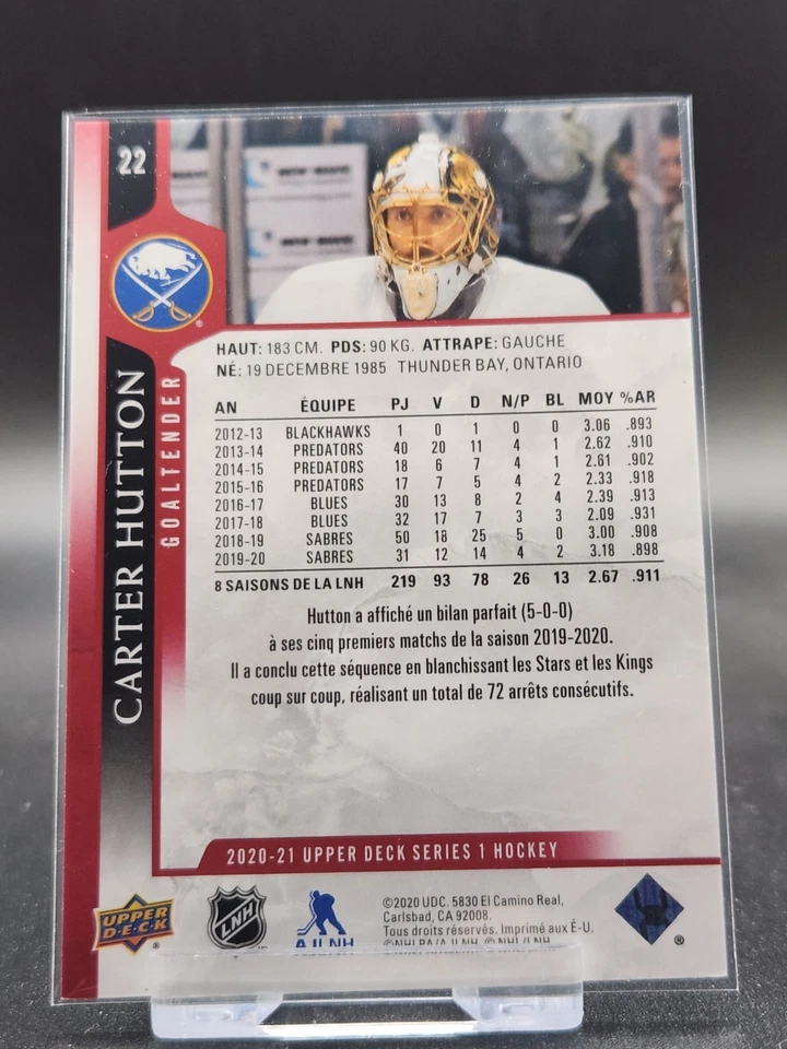 2020-21 Upper Deck Series 1 Exclusives CARTER HUTTON #22 Buffalo Sabres /100 - Image 2 of 2