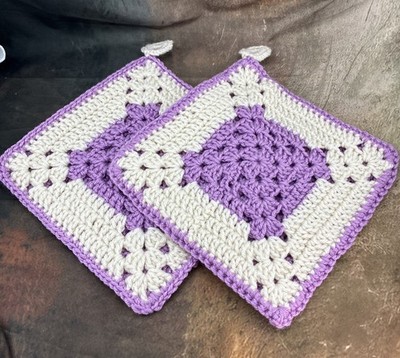 2 NEW Granny Square Crochet Pot Holders Oven Mitts Purple White 9 Inch Square