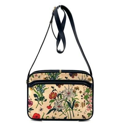 Vintage GUCCI Flora Shoulder Bag Leather Canvas Navy Authentic