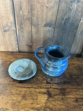 Handmade Blue Glazed Stoneware Pitcher with Matching Saucer