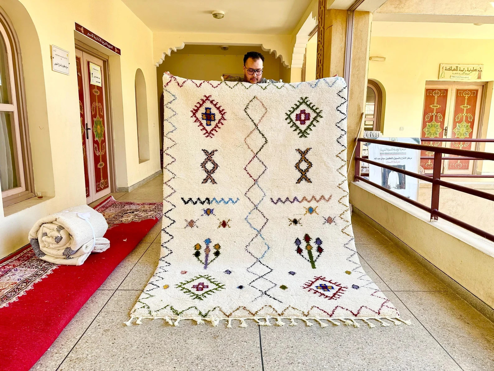 Moroccan Berber Beni Ourain Wool Rug Color Multicolor Design Handmade Carpet Rug