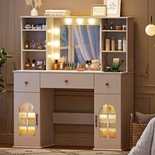 47" White Vanity Makeup Table Dressing Desk 15LED Lighted Mirror Drawers Starage
