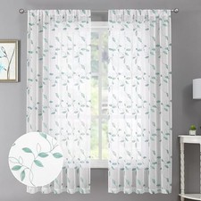 Leaf Sheer Curtains Leaves Embroidered 54"W x 45"L Pack of 2 Teal Blue