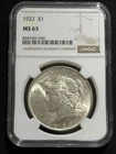 1922 Peace Silver Dollar NGC MS63 Graded New Holder