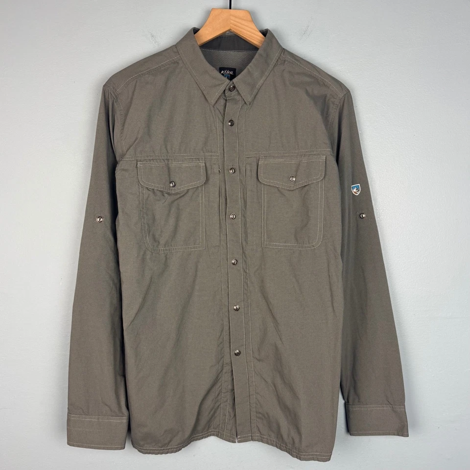 Kuhl 男式灰色格子长袖纽扣衬衫远足表演弹力 — 第 2/4 张图片