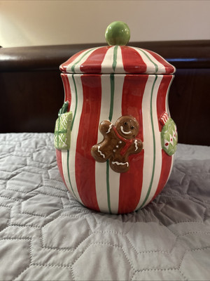 Cracker Barrel Christmas Cookie Jar Ceramic Red Green Striped 12