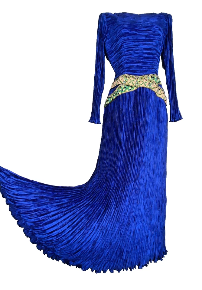 Vestido formal vintage década de 1980 MARY MCFADDEN COUTURE azul seda bordado com miçangas S - Imagem 2 de 4