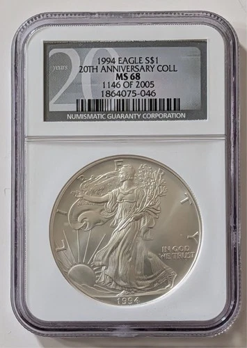 1994 AMERICAN 1 OUNCE SILVER EAGLE NGC MS68 20TH ANNIVERSARY SKU 1864075-046