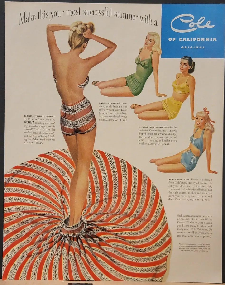 1948 Cole Womens Bathing Suits Legs Print Ad Lastex Satin Backless  Strapless