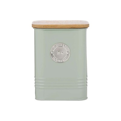 Tea Canister Green Coated Steel Airtight Wooden Lid Labelled