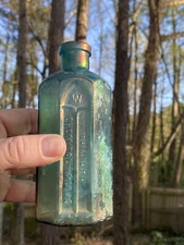 ANTIQUE BLOWN TEAL BLUE RUMFORD CHEMICAL WORKS BOTTLE GREAT RAINBOW IRIDESCENCE