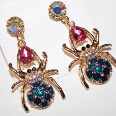Betsey Johnson Spider Drop Earrings | Crystal Accents | Mismatch Design |