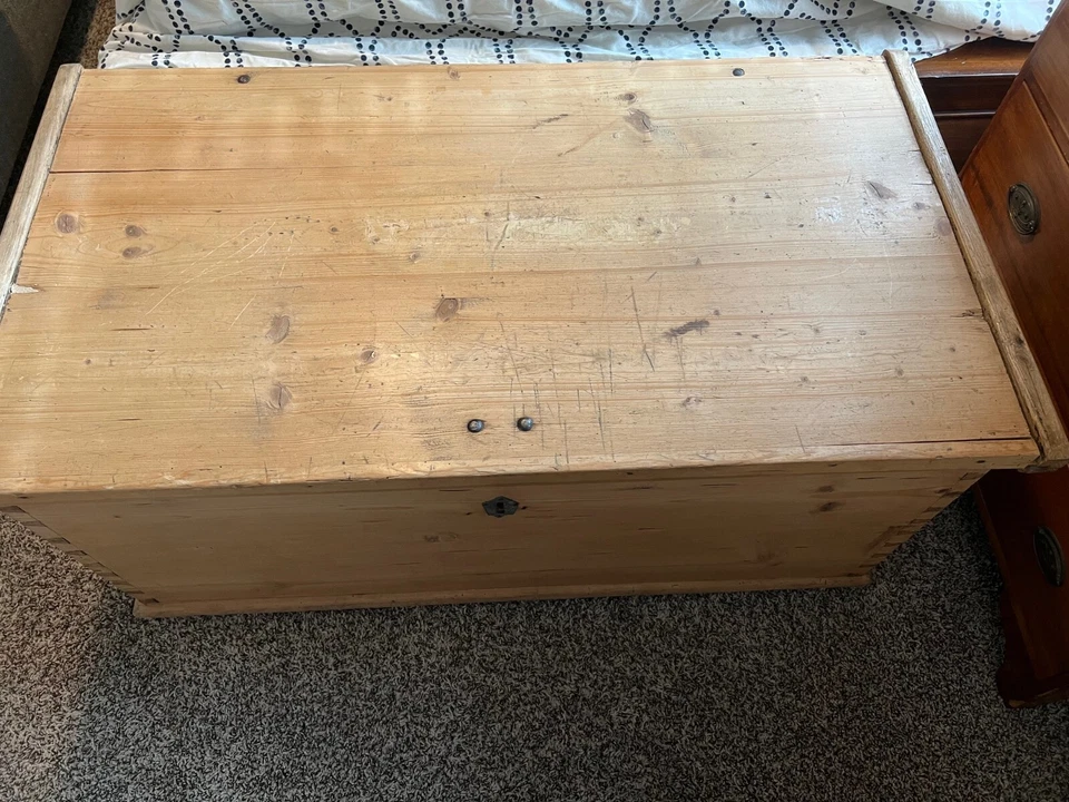 Precioso cofre de madera grande americano antiguo hecho a mano de 1800, MB621 Foto 3 de 4